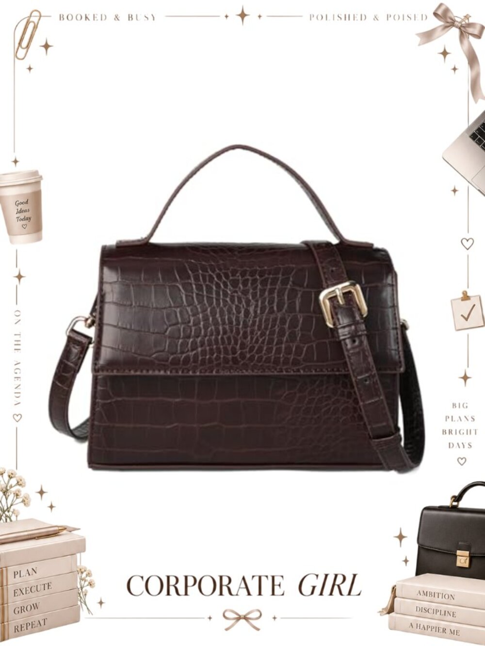 PU Leather Crocodile Pattern Crossbody Bag with Top Handle and Adjustable Strap
